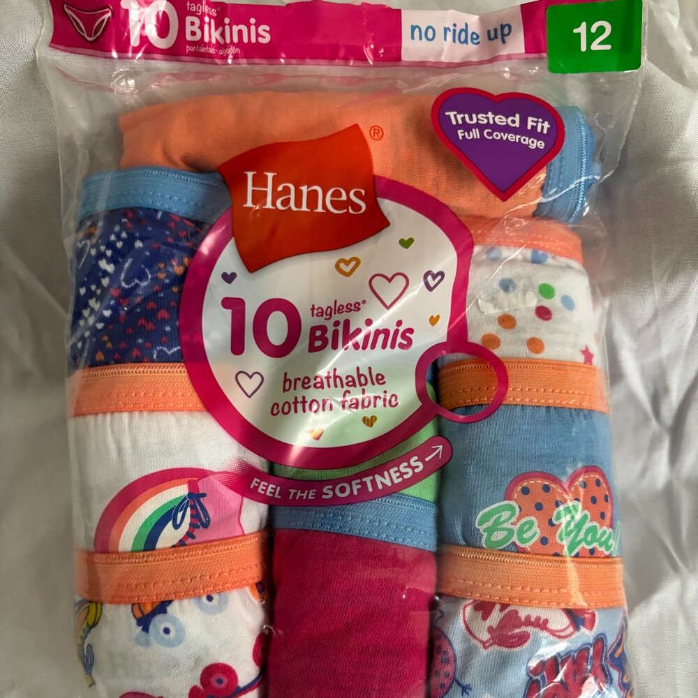 Hanes Girls Tagless Cotton Bikini Underwear 10 Pack Size 12 No Ride Up